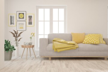 White living room with sofa. Scandinavian interior design. 3D illustration