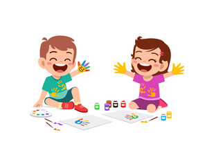 cute little boy and girl using paint to hand for art