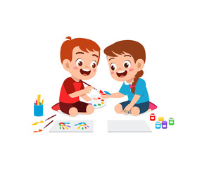 cute little boy and girl using paint to hand for art