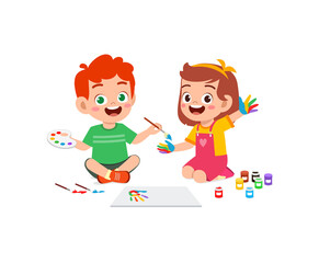cute little boy and girl using paint to hand for art