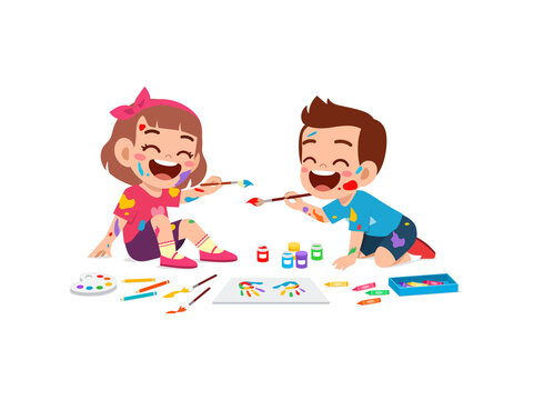 cute little boy and girl using paint to hand for art