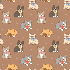 Fototapeta premium Seamless Pattern with Cartoon French Bulldog Design on Brown Background