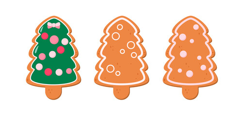 A set of gingerbread cookies in the shape of Christmas trees. Flat design.