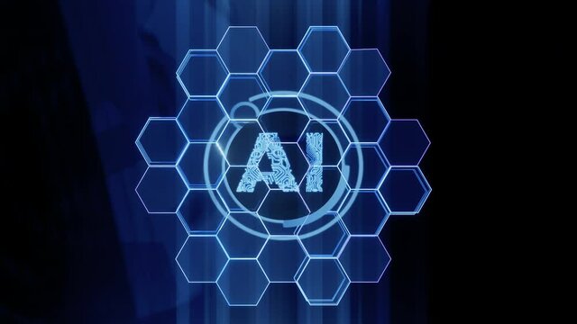Motion graphic of hexagon shaped tiles forming AI logo