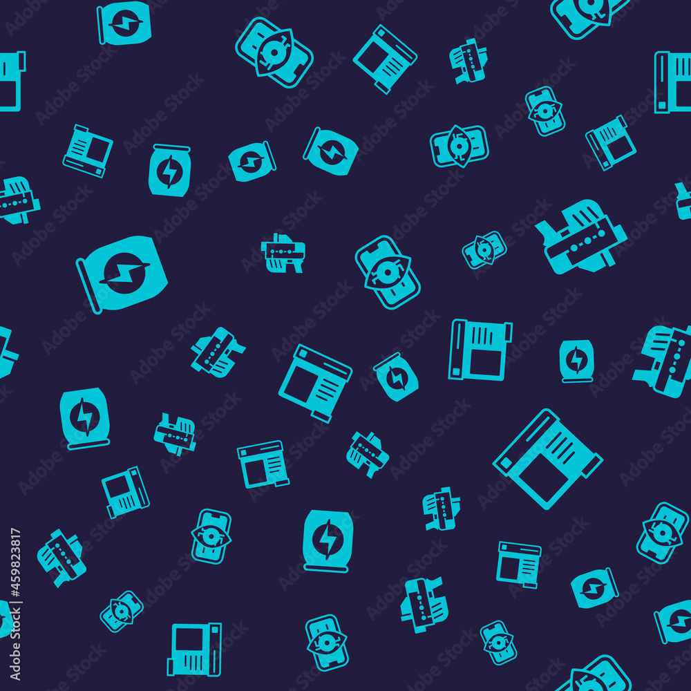 Poster set energy drink, futuristic weapon, computer vision and browser window on seamless pattern. vector