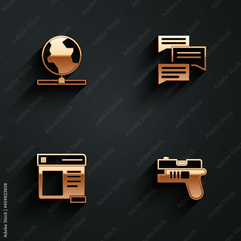 Poster set global technology, speech bubble chat, browser window and futuristic weapon icon with long shado