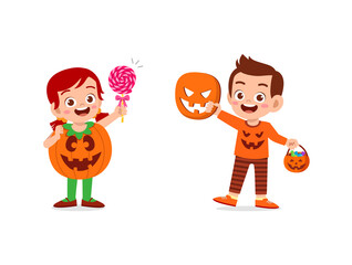 boy and girl celebrate halloween wear pumpkin costume