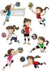 Illustration of girls volleyball players in different poses