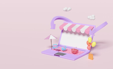 laptop computer with store front,shopping cart,paper bags,arrow,cloud,coffee table,umbrella,chair isolated on pink pastel background,online shopping concept,3d illustration or 3d render