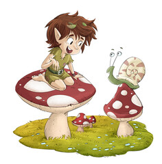 Illustration of a leprechaun on a mushroom talking to a snail