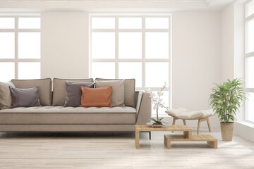 White living room with sofa. Scandinavian interior design. 3D illustration