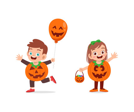 boy and girl celebrate halloween wear pumpkin costume