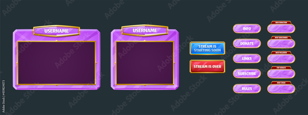 Poster game streaming overlay panels and buttons. template of webcam video app design. vector cartoon set o
