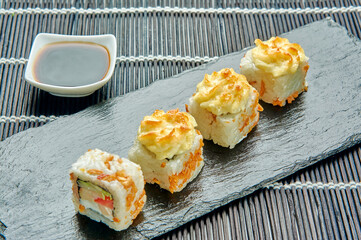 delicious buns on a stone stand, sushi