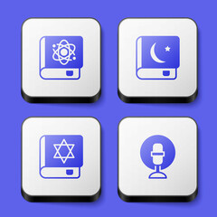 Set Book about physics, Holy book of Koran, Jewish torah and Microphone icon. White square button. Vector