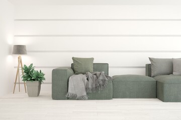 White living room with sofa. Scandinavian interior design. 3D illustration