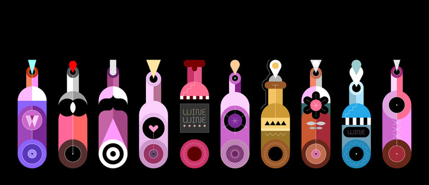 Colored isolated on a black background decorative bottles vector illustration. Row of ten different wine bottles. Each bottle is placed on a separate background.