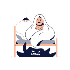 Fear of darkness, Kids nightmares concept. Frightened boy imagining monsters under the bed. Child hides under blanket from monster. Childish fears of darkness for web design.Flat vector illustration