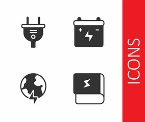 Set Book about electricity, Electric plug, Global planet with thunderbolt and Car battery icon. Vector