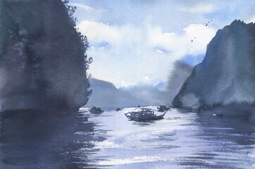 Sea, river or lake, boats and mountains landscape. Hand drawn watercolor illustration.