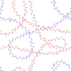 pink and blue animal footprints distributed chaotically on white repetitive background. vector seamless pattern. color image. fabric swatch. wrapping paper. continuous print. winter illustration