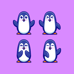 Set Cute Penguin Character Icon Cartoon Illustration With Various Expressions