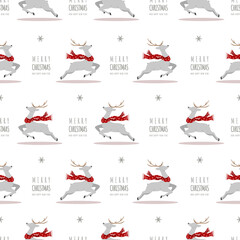 Christmas pattern with reindeers. Cute deers with antlers and scarves. Winter print. New Year seamless background. Vector illustration in flat cartoon style.