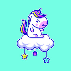 Obraz na płótnie Canvas Cute Unicorn Icon Cartoon Illustration On Cloud And Stars