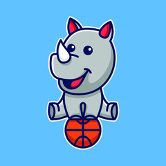 Cute Baby Rhino Character Icon Cartoon Illustration With Playing The Ball