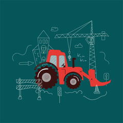 Flat red vector tractor on the construction site with green background