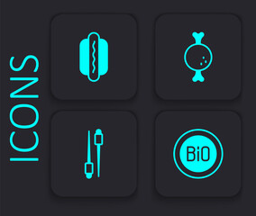 Set Banner for bio, Hotdog, Chicken leg and Food chopsticks icon. Black square button. Vector