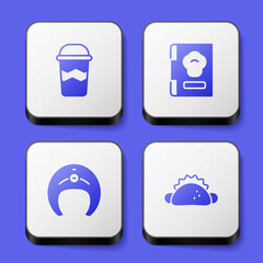 Set Coffee cup to go, Cookbook, Fish steak and Taco with tortilla icon. White square button. Vector