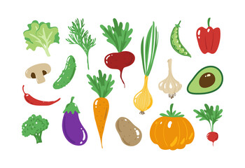 Bundle of vegetable icons in flat design. Pumpkin, potatoes, mushrooms, beets. Cartoon illustrations of vegetarian food isolated on white background.