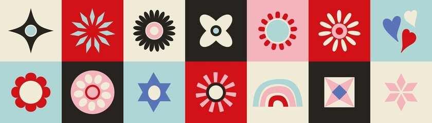 Retro abstract vector pattern border background. Fun vector banner element with flowers, rainbows, and decorative details. 