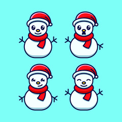 Set Cute Snowman Icon Cartoon Illustration With Various Face Expressions And Wearing A Christmas Hat