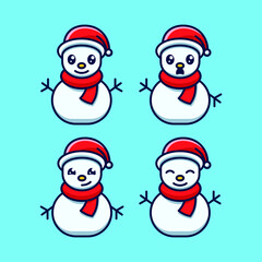 Set Cute Snowman Icon Cartoon Illustration With Various Face Expressions And Wearing A Christmas Hat