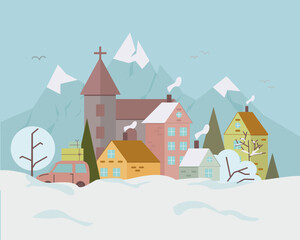 winter landscape with houses, mountains and trees