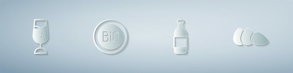 Set Wine glass, Banner for bio, Bottle of wine and Chicken egg. Paper art style. Vector