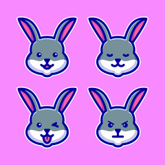 Set Cute Rabbit Head Character Icon Cartoon Illustration With Various Expressions