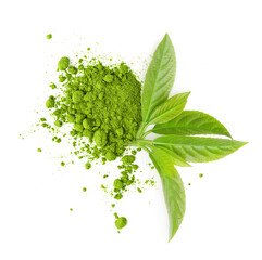 Tea matcha powder and green leaves isolated on white