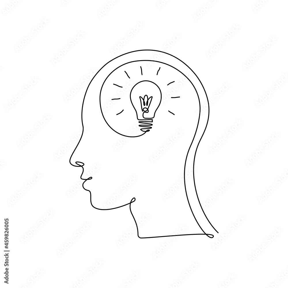 Aufkleber continuous one line drawing light bulb inside head. concept of creative idea, education and imaginat