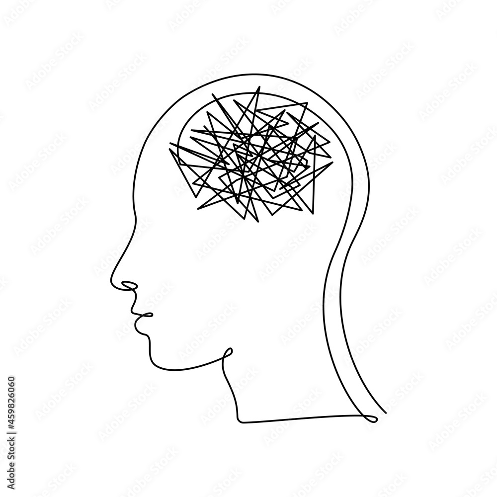 Poster human head with confusion of thoughts in continuous one line drawing. concept of bad mental health, 
