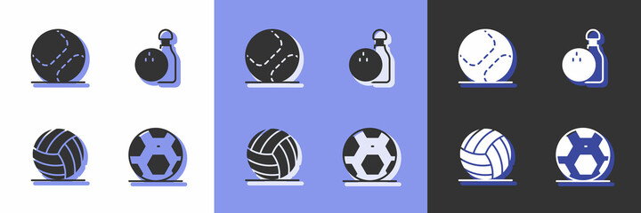 Set Soccer football ball, Baseball, Volleyball and Bowling pin and icon. Vector