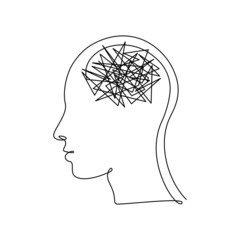 Human head with confusion of thoughts in Continuous one line drawing. Concept of bad mental health, anxiety and stress. Headache and chaos in consciousness in linear style. Vector illustration - obrazy, fototapety, plakaty