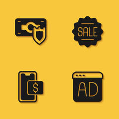 Set Money with shield, Advertising, Mobile shopping and Price tag Sale icon with long shadow. Vector