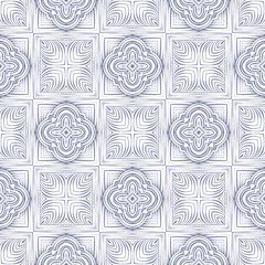 Seamless pattern. Chess order. Floral motives. White and gray-blue colors.