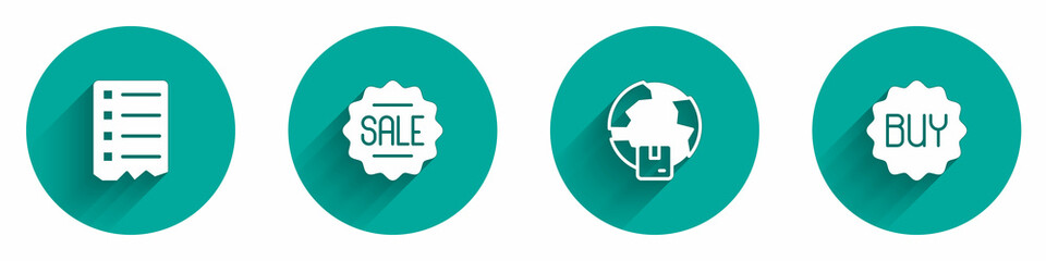 Set Shopping list, Price tag with Sale, Worldwide shipping and Buy button icon with long shadow. Vector