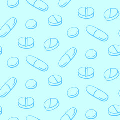 Seamless pattern with medicines, capsules, medicaments, drugs, pills and tablets. Medical pharmacy backgrounds and textures. Vector EPS10 illustration in doodle style