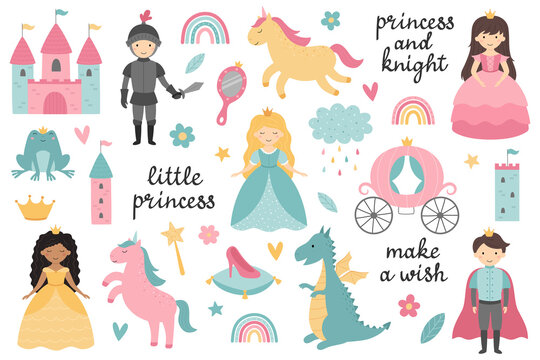 Vector set of little princesses, prince, knight, dragon, unicorn, carriage, castle, frog, crown, shoe, mirror, rainbow, cloud, magic wand. Childish design for birthday invitation, poster, clothes.