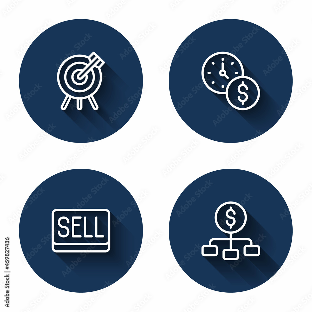 Poster set line target financial goal, time is money, sell button and hierarchy with dollar with long shado